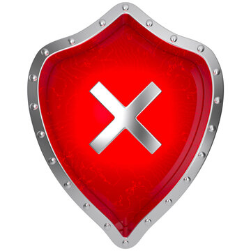 Red Shield with Red Cross Mark Warning Security Threat 3D Icon Isolated on Transparent Background - 3D Rendering
