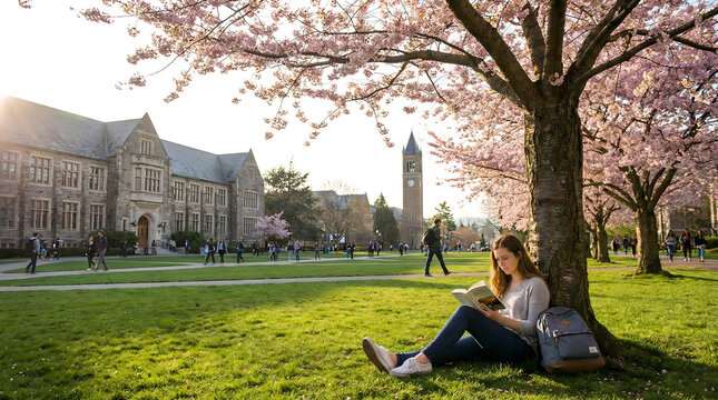 Young female student reading a book on green grass under a blooming cherry blossom tree at a university campus, peaceful spring higher education concept