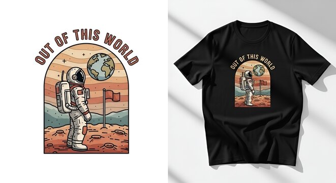 Astronaut standing on the moon holding a flag with earth and space background displaying out of this world exploration theme on
