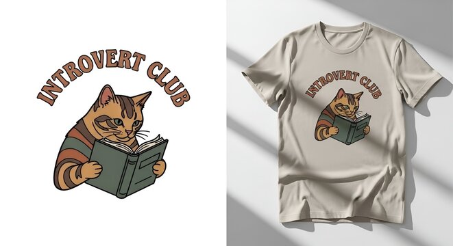 Playful and humorous feline graphic design representing an introverted cat enjoying reading for a casual and fun apparel