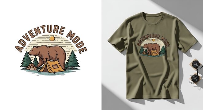 Stylish outdoor adventure-themed bear graphic t-shirt design with nature elements for camping and exploration enthusiasts
