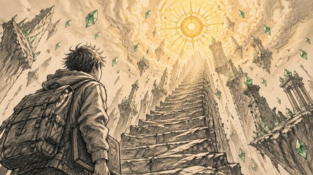 A contemplative student stands before an epic celestial stairway leading toward a radiant sun, depicted in a highly detailed, organic pencil sketch style that evokes wonder, discovery, and imagination