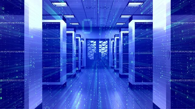 Data Center Server Room with Blue Server Racks and Binary Code - 3d 4k animation (3840 x 2160 px)