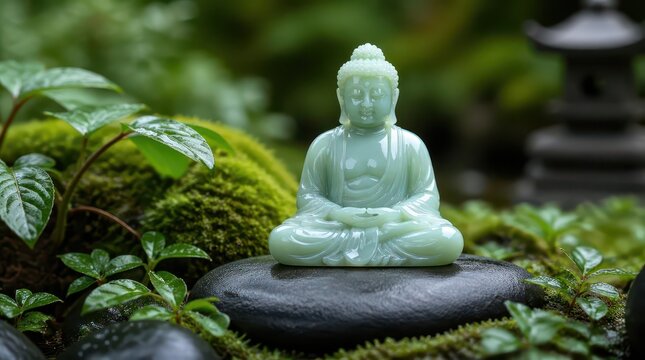 Serene pale celadon jade Buddha carving displayed on a polished black stone in a lush mossy garden, creating a peaceful cinematic widescreen view suitable for meditation and spiritual wellness.