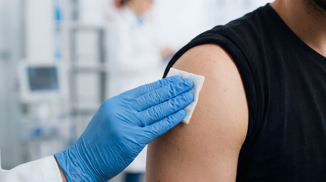 Healthcare Worker Disinfecting Patient Arm Before Vaccination with Sterile Technique in Clinical Setting