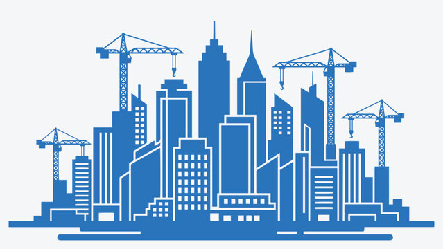 Dynamic blue vector illustration of urban city skyline with construction cranes. Modern cityscape under development, perfect for construction industry, real estate, urban growth, and infrastructure.
