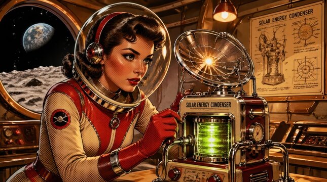 Retro futuristic astronaut operating a solar energy condenser inside a space station module overlooking the moon and earth, cinematic illustration with vintage pop art comic book style aesthetics.