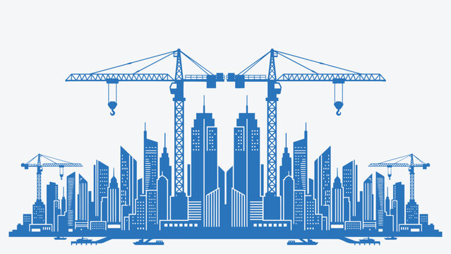 Dynamic blue vector illustration of urban city skyline with construction cranes. Modern cityscape under development, perfect for construction industry, real estate, urban growth, and infrastructure.
