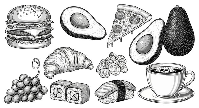 Assortment of food and beverage items illustrated in detailed monochrome style