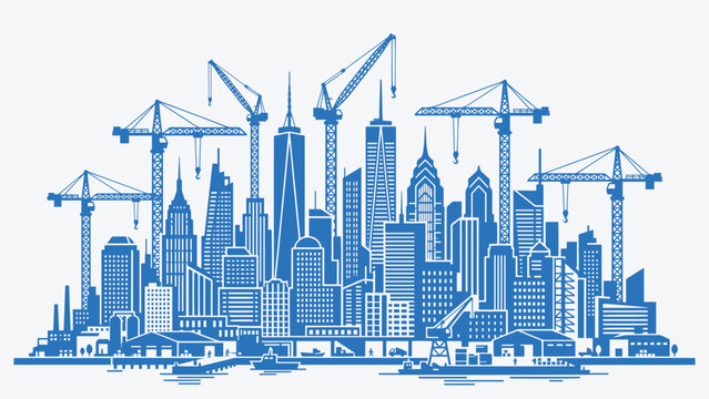 Dynamic blue vector illustration of urban city skyline with construction cranes. Modern cityscape under development, perfect for construction industry, real estate, urban growth, and infrastructure.