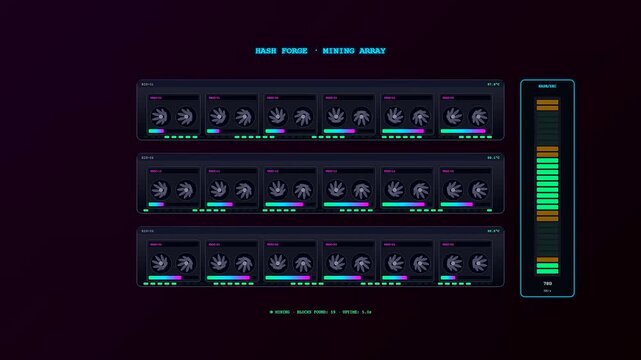 An intricate crypto ledger animation showcasing iridescent glowing cooling fans and oscillating neon status bars shifting through a dark futuristic data processing center interface