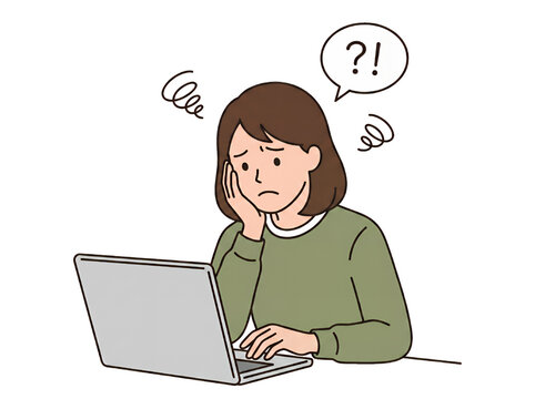 ノートパソコンの前で操作方法やエラーに悩み困り顔で考え込む若い日本人女性