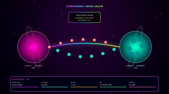 This detailed crypto ledger animation showcases luminous data spheres migrating along a glowing neon arc connecting two cosmic planetary nodes in a dark void