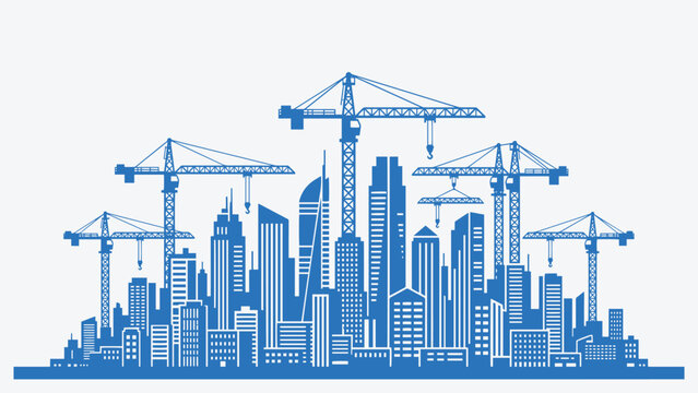 Dynamic blue vector illustration of urban city skyline with construction cranes. Modern cityscape under development, perfect for construction industry, real estate, urban growth, and infrastructure.