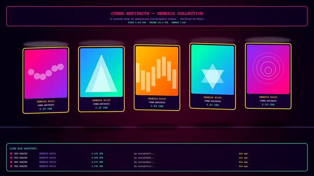 An immersive crypto ledger animation displaying neon gradient digital assets emerging within a dark futuristic user interface featuring live scrolling market transaction telemetry data