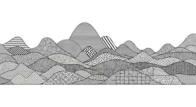Abstract monochrome landscape with patterned rolling hills and mountains, hand-drawn texture illustration. Decorative graphic design element.