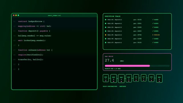 A neon green crypto ledger animation displaying smart contract code and gas price fluctuations within a dark futuristic digital interface for blockchain developers