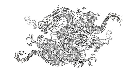 Fototapeta premium Intricate dragon illustration in black and white against a white background