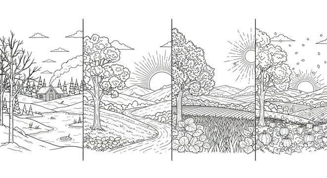 Illustrated depiction of changing seasons showing various natural landscape views