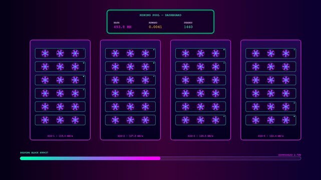 A futuristic crypto ledger animation displaying real time data updates across a neon purple dashboard with shimmering fans and a moving progress bar for mining