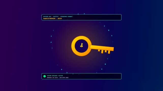 Featuring a crypto ledger animation a glowing golden key revolves amidst floating binary digits and secure digital encryption codes over a deep purple void