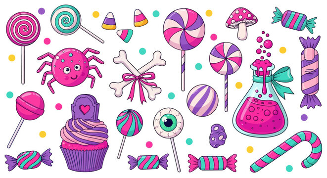 Colorful candy, sweet treats, colorful icons, vector illustrations, dessert graphics