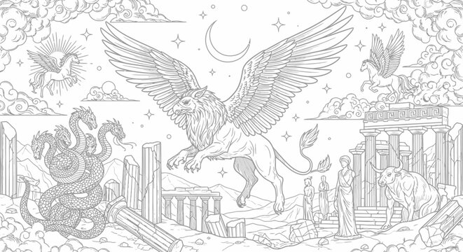 Mythical creature artwork griffin soaring above ruins line art illustration