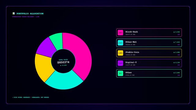 This dynamic crypto ledger animation displays a neon donut chart with vibrant magenta and cyan segments expanding across a dark digital dashboard for asset tracking