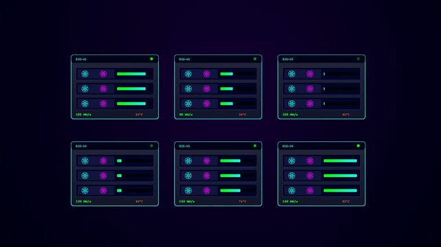 This futuristic digital interface showcasing a crypto ledger animation features vibrant neon green and cyan data bars fluctuating rhythmically against a deep dark purple backdrop
