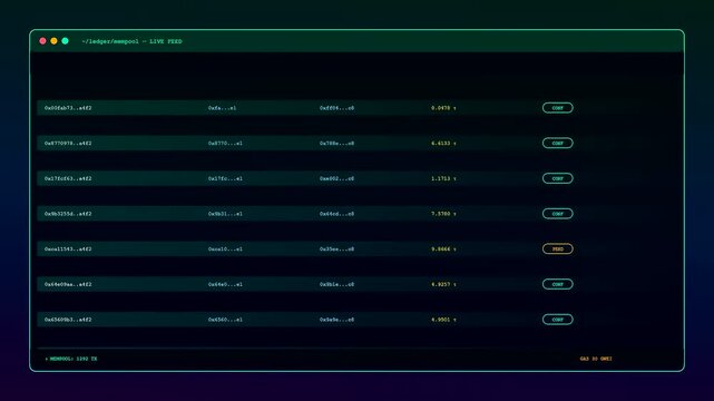 A detailed crypto ledger animation displays scrolling transactional data strings within a dark emerald terminal window featuring glowing teal text and orange status indicators