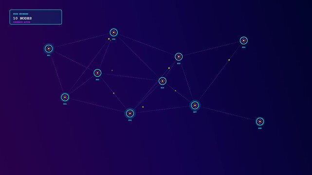 A cinematic crypto ledger animation featuring glowing yellow particles traversing a decentralized web of cyan nodes across a deep indigo digital space for data flow