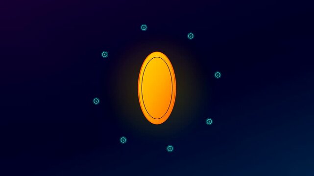 A sophisticated crypto ledger animation features a luminous golden disc rotating slowly against a deep navy blue backdrop embellished with glowing teal circular nodes