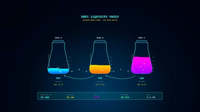 A luminescent crypto ledger animation visualizing synthetic fluids filling futuristic laboratory flasks within a holographic dashboard featuring cyan and magenta glowing data interfaces on obsidian