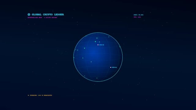 An intricate crypto ledger animation featuring a rotating blue digital sphere with glowing magenta nodes and cyan grid lines floating in a dark void