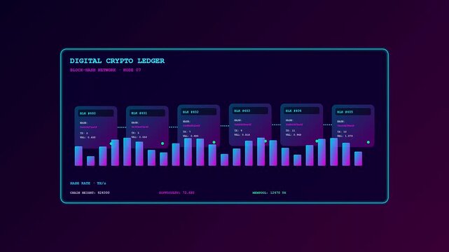 An intricate crypto ledger animation displaying luminous data packets sliding across a vibrant magenta and cyan oscillating spectrum against a deep purple backdrop