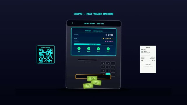 This futuristic dark teal kiosk featuring a crypto ledger animation dispenses green paper currency while a digital receipt emerges in a cinematic cyber environment