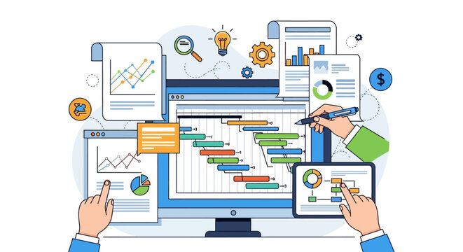 Hands interacting with business analytics on computer and tablet.