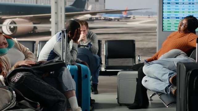 Exhausted diverse passengers sleeping in airport during air transport blockage causing delayed flights. Multiracial travelers napping on chairs in lounge during holiday trip, waiting for another plane