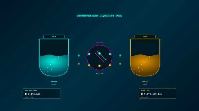 An intricate crypto ledger animation illustrating digital liquidity flows through neon colored vessels and rotating telemetry dials over a deep navy blue cinematic backdrop