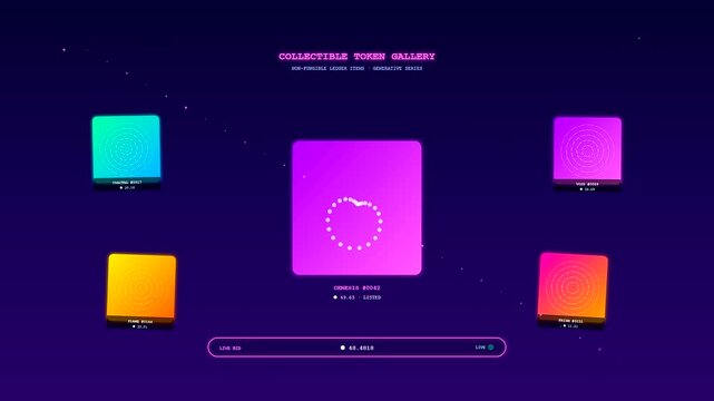 A futuristic crypto ledger animation showcases morphing neon geometric assets floating within a deep violet digital space featuring vibrant magenta and teal glowing cards