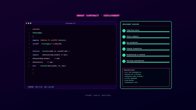 An intricate crypto ledger animation manifests programmatic code sequences while a deployment checklist illuminates in neon green and magenta across a dark digital interface