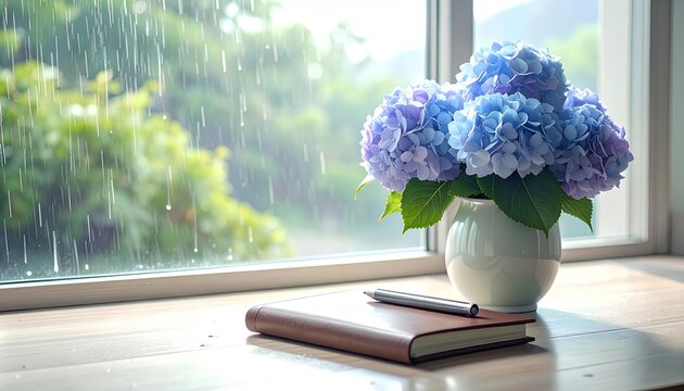 窓際の青い紫陽花と日記帳 / Blue hydrangeas and a diary on a rainy windowsill (Generative AI)