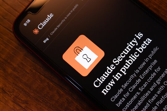 Mexico City, MEXICO - May 5 2026 : A smartphone displays the Anthropic Claude blog post announcing Claude Security is now in public beta for Claude Enterprise customers.