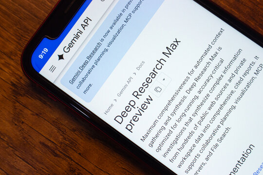 Mexico City, MEXICO - May 5 2026 : A smartphone displays the Google Gemini API documentation page for Deep Research Max.