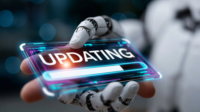 AI Updating Process: A futuristic robotic hand presents a digital interface displaying the word UPDATING with a progress bar, highlighting the concept of constant evolution. 