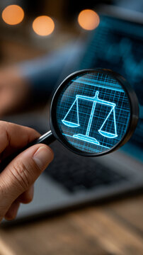 Justice Revealed: A detailed view of a magnifying glass focuses on a digital justice scale, symbolizing investigation, analysis, law and order.