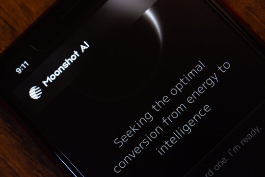 Mexico City, MEXICO - May 5 2026 : A smartphone displays the Moonshot AI website with the company tagline "Seeking the optimal conversion from energy to intelligence."