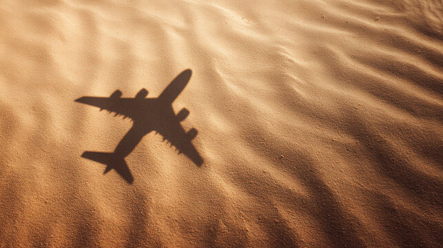 Shadow of an airplane on sand dunes. Travel and tourism concept. Aerial view of desert landscape representing freedom of flying and global aviation transportation for vacation planning.