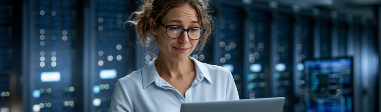 Data Technician at Work: A focused data technician, immersed in her task, diligently works on a laptop amidst a server room setting, embodying professionalism and technological expertise.