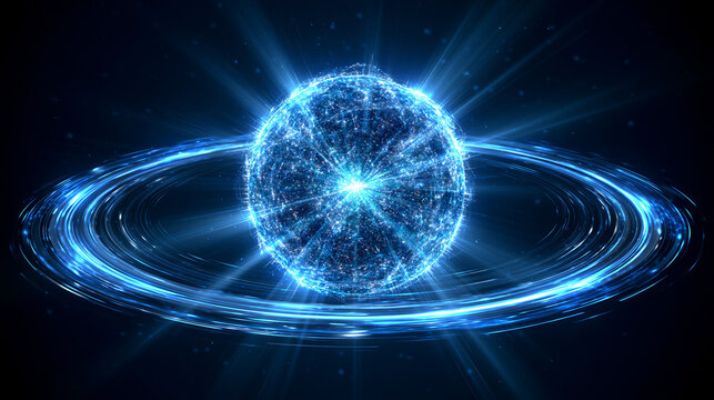 Energetic Cosmic Display: A stunning visualization of a celestial sphere pulses with radiant energy, encircled by swirling rings of light, an artistic portrayal of the universe's dynamic essence.